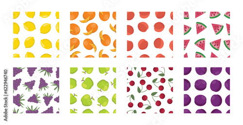 8 seamless pattern with healthy cartoon delicious fruits. lemon peaches apples watermelon cherries grapes oranges plums patterns. vector fruit patterns set