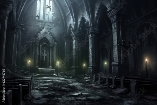 horror background, inside an uninhabited church