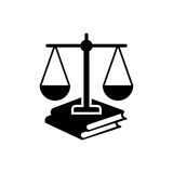 scales of justice and law book combination black and white Vector icon design.