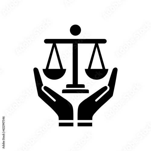 scales of justice icon. Law firm logo icon. Two hands hold up scale of justice.