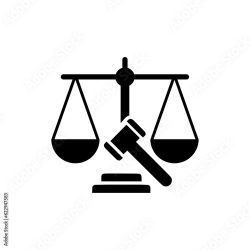 scales of justice and order hammer combination black and white Vector icon.