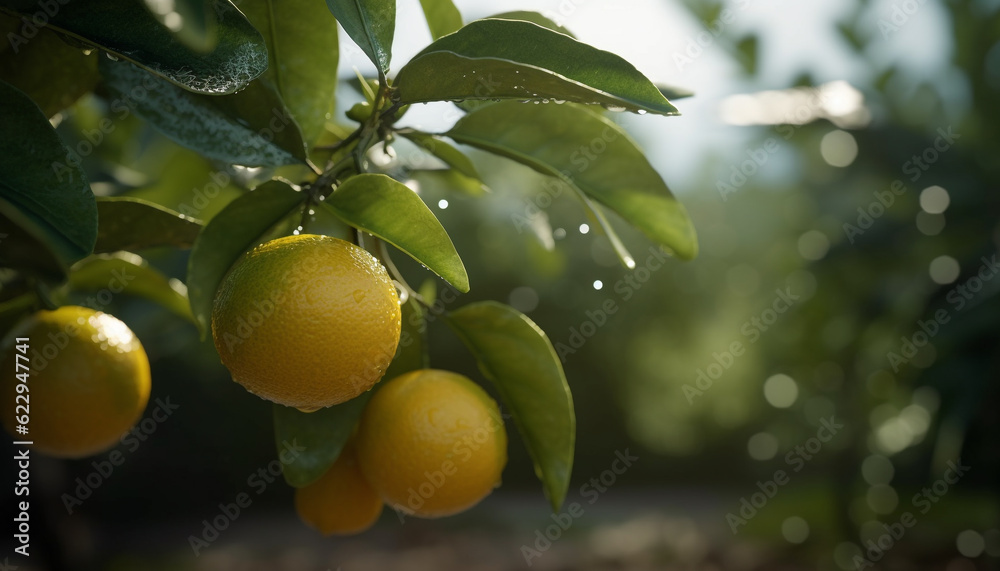 Refreshing citrus fruit in a green orchard, symbolizing healthy eating generated by AI