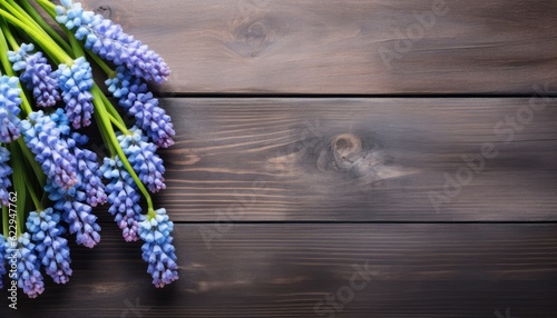 Blue muscari flowers on wooden background. Top view with copy space