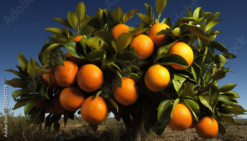 Freshness of citrus fruit in nature, vibrant orange tree in orchard generated by AI