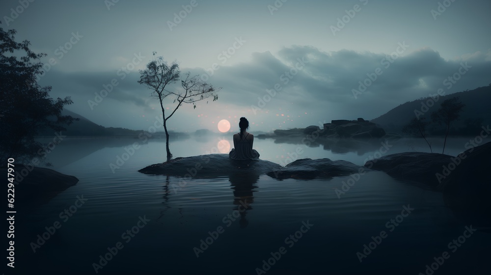Moment of serene calmness, woman sits on a rock beside a tranquil lake, looking up at the moon as dusk falls. Sense of peace, solitude, and reflection, harmoniously unified with nature. Generative AI