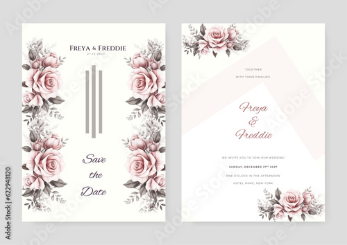 Floral wedding invitation card template design, purple watercolor decorated with magnolia liliiflora flowerss on white