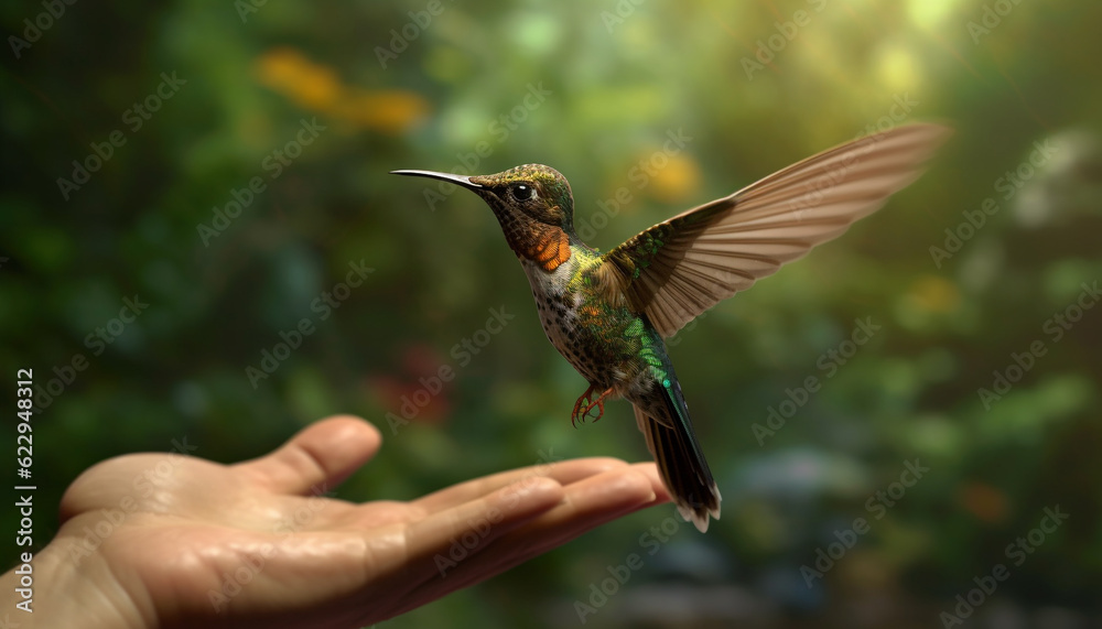 Fototapeta premium Hummingbird hovers, spreads wings, iridescent beauty in nature vibrant colors generated by AI