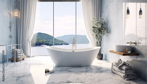 Modern luxury home interior with elegant bathtub and comfortable flooring generated by AI © grgroup