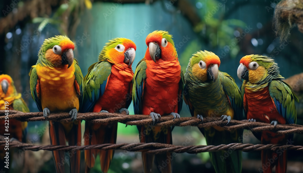 Obraz premium Vibrant macaw perching on a branch, showcasing nature colorful beauty generated by AI