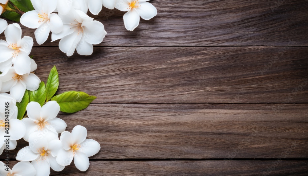 Obraz premium White jasmine flowers on wooden background. Top view with copy space