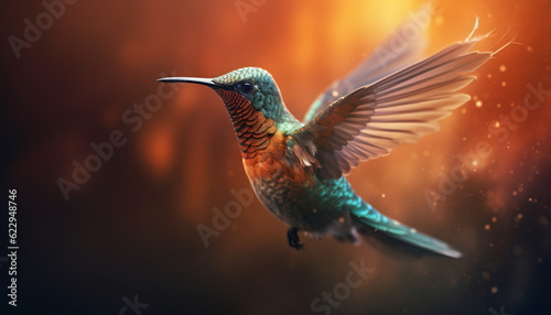 Hummingbird flying, feathered beauty in nature, vibrant color, small bird generated by AI © grgroup