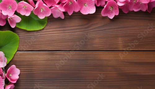 Pink hydrangea flowers on wooden background. Top view with copy space