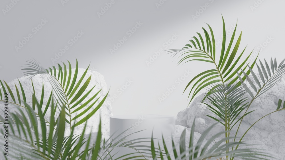 Empty podium for beauty product among tropical leaves on a white background. 3d render