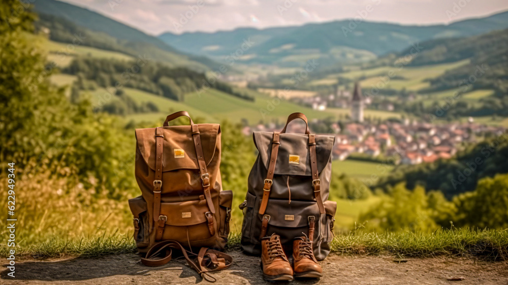 a pair of wanderboots and a backbag standing in a landscape 