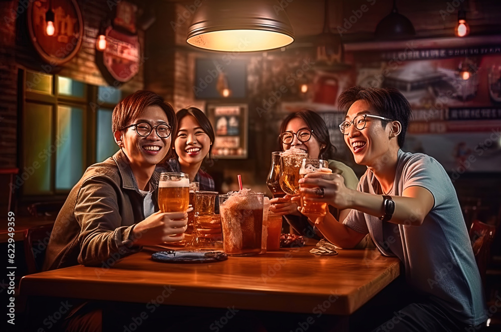 Friends from China gathered in a bar to drink beer and celebrate a meeting. Generative AI Friends from China gathered in a bar to drink beer and celebrate a meeting. Generative AI