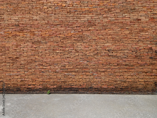 Old vintage red brick wall and cement floor texture background with copy space for design. 