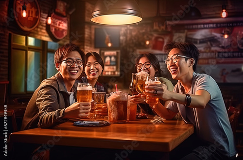 Friends from China gathered in a bar to drink beer and celebrate a meeting. Generative AI