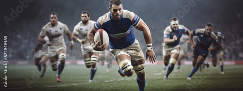  Rugby player in possession of the ball and attempting to advance. Rugby players blocking to get the ball. Rugby World Cup, France. Banner. Generative Ai content.
