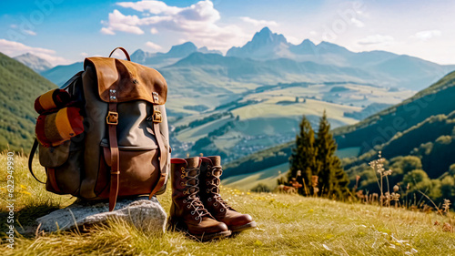 a pair of wanderboots and a backbag standing in a landscape  © bmf-foto.de