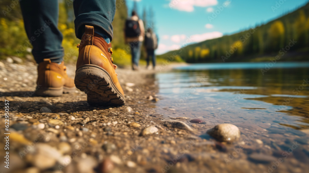 detail close up feet of hiker at a river detail close up feet of hiker at a river