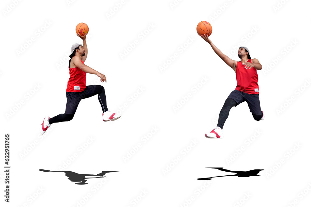 Basketball fun concept. We love basketball. Asian basketball player jumping on transparent background with clipping path