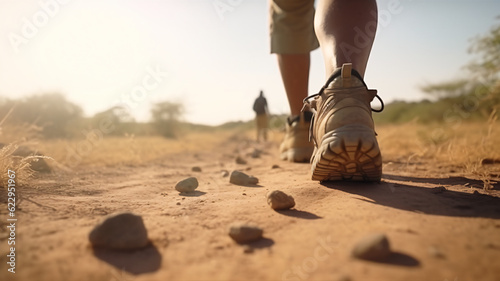 closeup feet walking with hiking boots along a sandy way