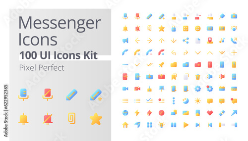 Messenger application pixel perfect flat gradient color ui icons kit. Online interaction. Software features. Vector isolated RGB pictograms. GUI, UX design for web, mobile. Poppins font used