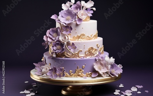 Elegant Wedding Cake Two-Tiered, Purple, and Golden Elegance Generative AI