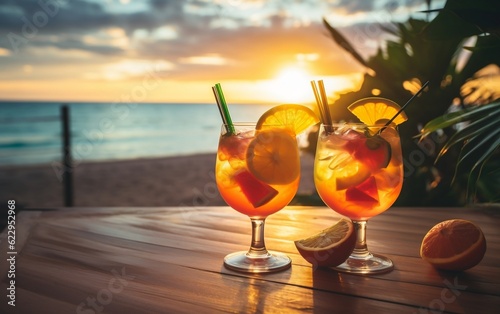 Tropical Beach Bliss Summer Cocktails in Luxury. Generative AI