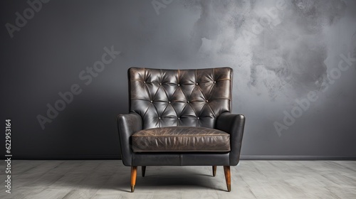Black leather armchair, grey background