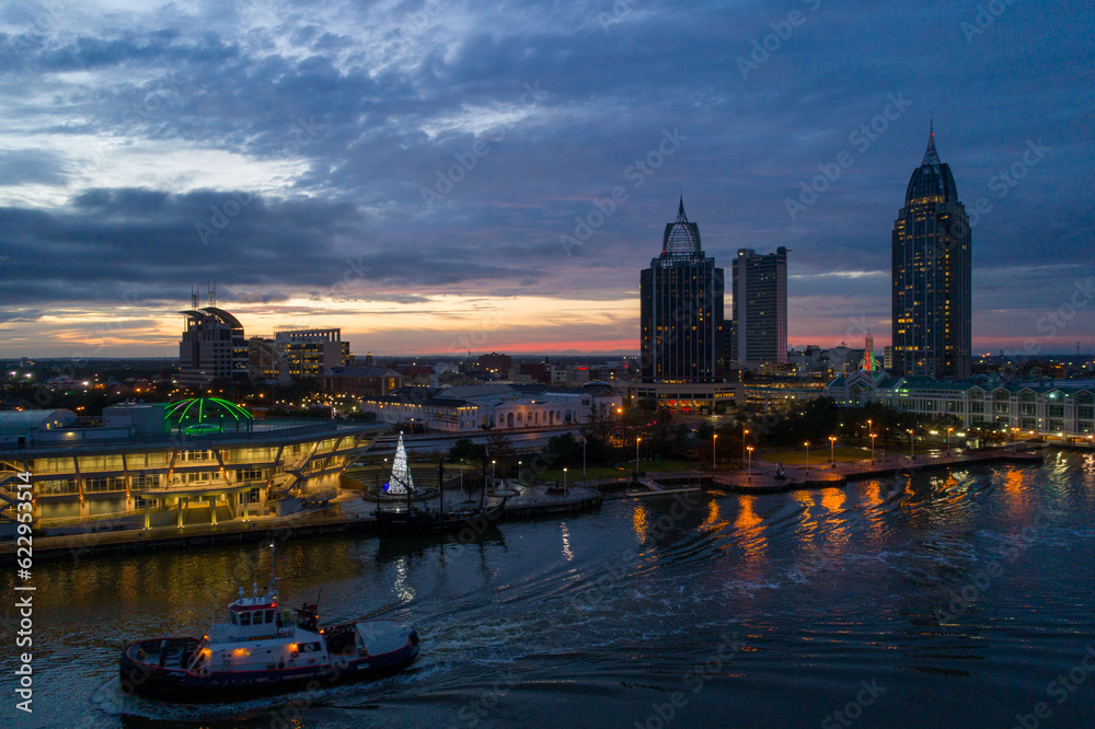 Drone photography of the downtown Mobile, Alabama waterfront at sunset