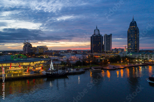 Drone photography of the downtown Mobile  Alabama waterfront at sunset