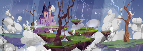 Cartoon rain game background with fantasy castle. Scary halloween landscape with thunderstorm and lightning above floating rock island in sky. Creepy magic dracula chateau with tower on gloomy weather