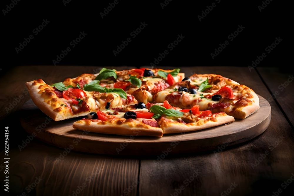 Pizza on a wooden board and table, side view, black background.
