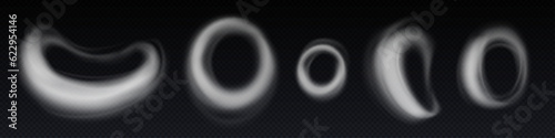 Smoke ring cloud vector steam round cloud effect. Abstract transparent hookah shape isolated on background. 3d realistic vapor or cigarette frame mist texture. Air trail icon for jump game element