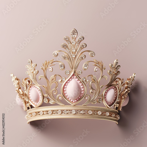An ornate gold crown adorned with dazzling pink stones, the perfect finishing touch to any romantic wedding