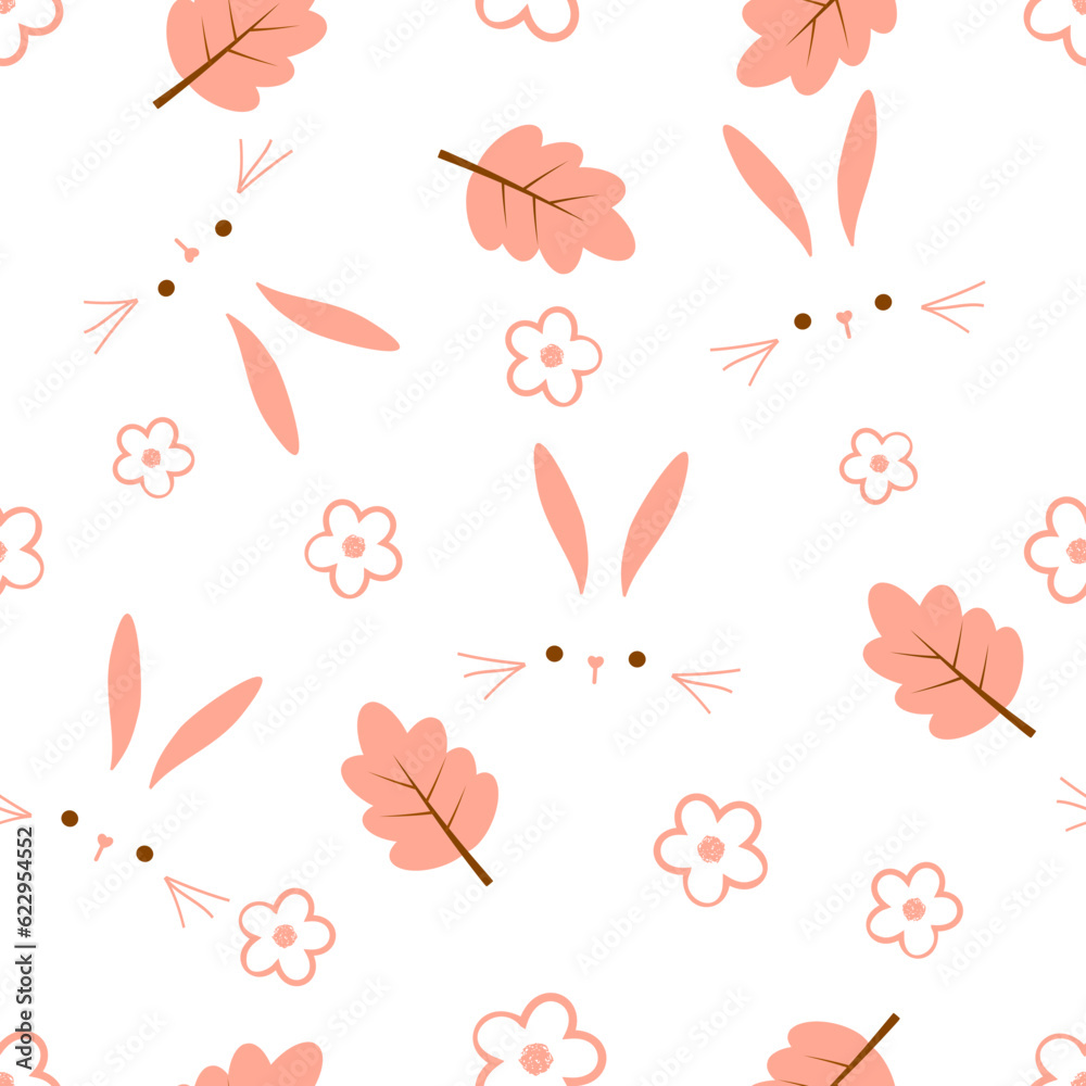 Seamless pattern with bunny rabbit cartoons, Autumn leaf and cute flower on white background vector illustration.