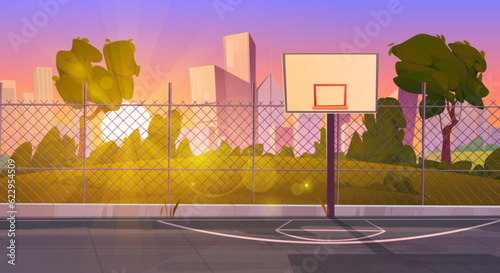 Sunset street basketball court cartoon background. School outdoor playground stadium near city park with green grass tree and urban skyline illustration. Empty outside sport arena for competition