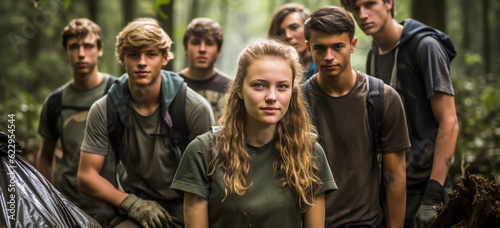 Image AI. group of teenagers cleaning forest, Generative AI