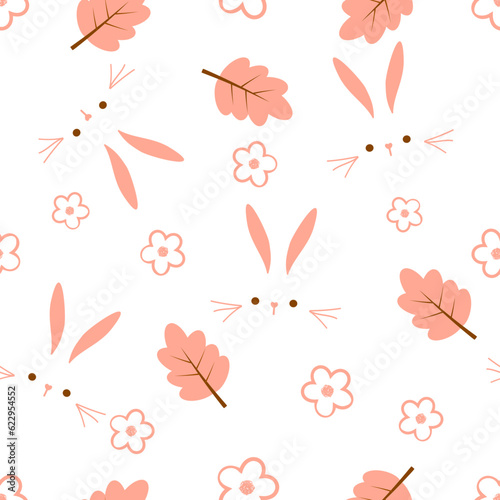 Seamless pattern with bunny rabbit cartoons, Autumn leaf and cute flower on white background vector illustration.
