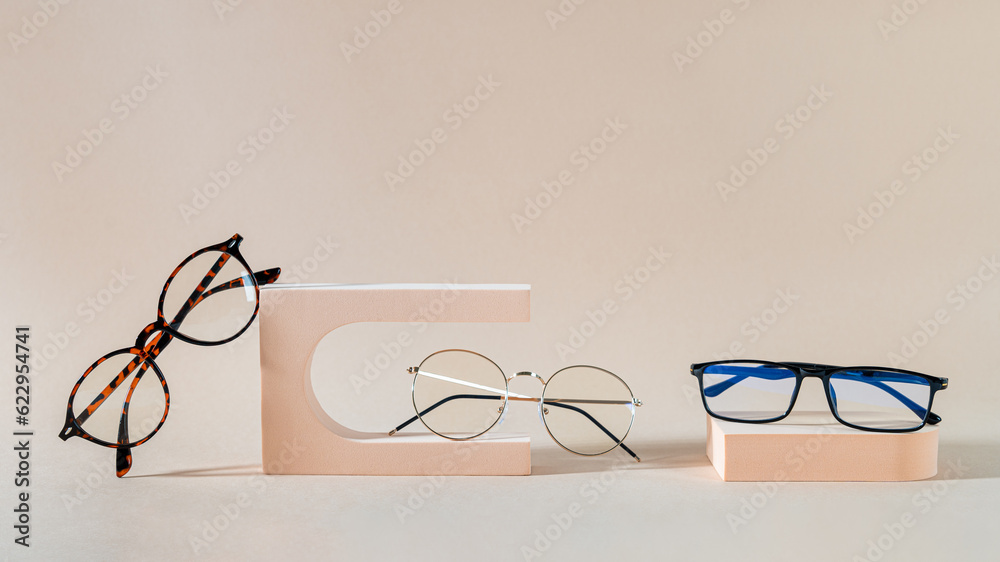 Glasses sale banner. Optic store saleout offer. Trendy glasses in