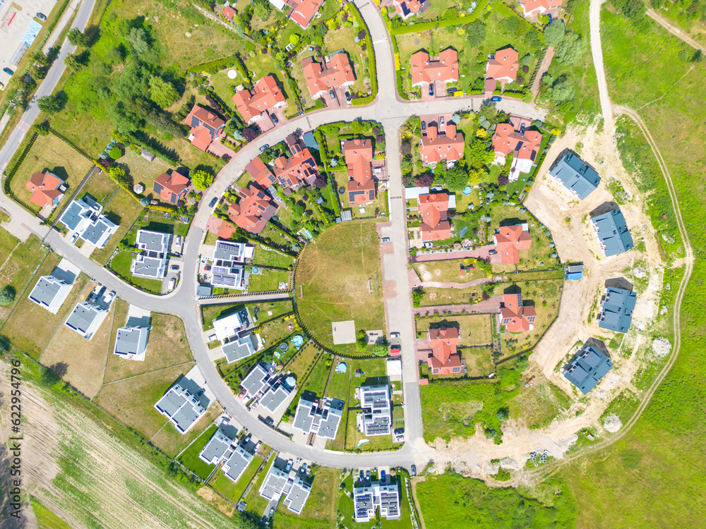 Aerial of new construction luxury residential neighborhood stree