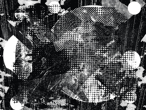 Glitch distorted grange shape . Noise grungy logo . Trendy defect error shapes . Glitched frame .Grunge textured . Distressed effect .Vector shapes with a halftone dots screen print texture.