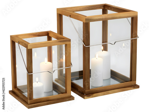 Two Candlestick Lanterns for home and terrace garden Frame acacia tree Glass transparent Stainless steel White candles Interior and exterior element Design Romance Cosiness isolated on white