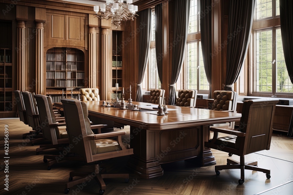 A business conference room in warm and wood tones. Great for articles and presentations about business, finance, meetings, teams, marketing and more. 