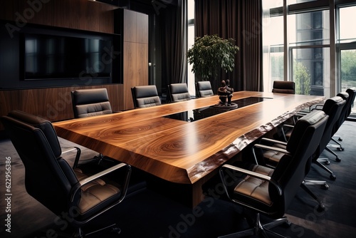 A business conference room in warm and wood tones. Great for articles and presentations about business, finance, meetings, teams, marketing and more. 