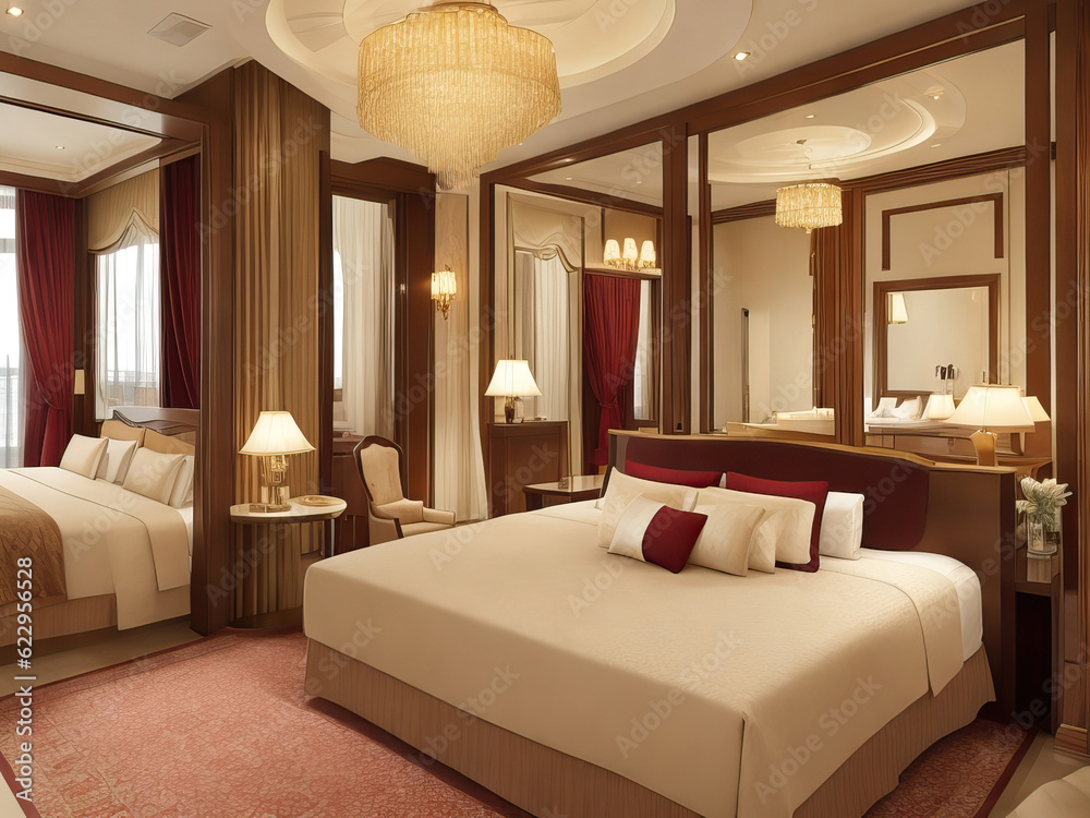 Designer bedroom with two queen size beds and contemporary furniture. Generative AI
Designer bedroom with two queen size beds and contemporary furniture. Generative AI