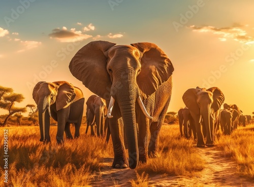 Elephant standing in front of intense sunset. Generative AI. © Marharyta