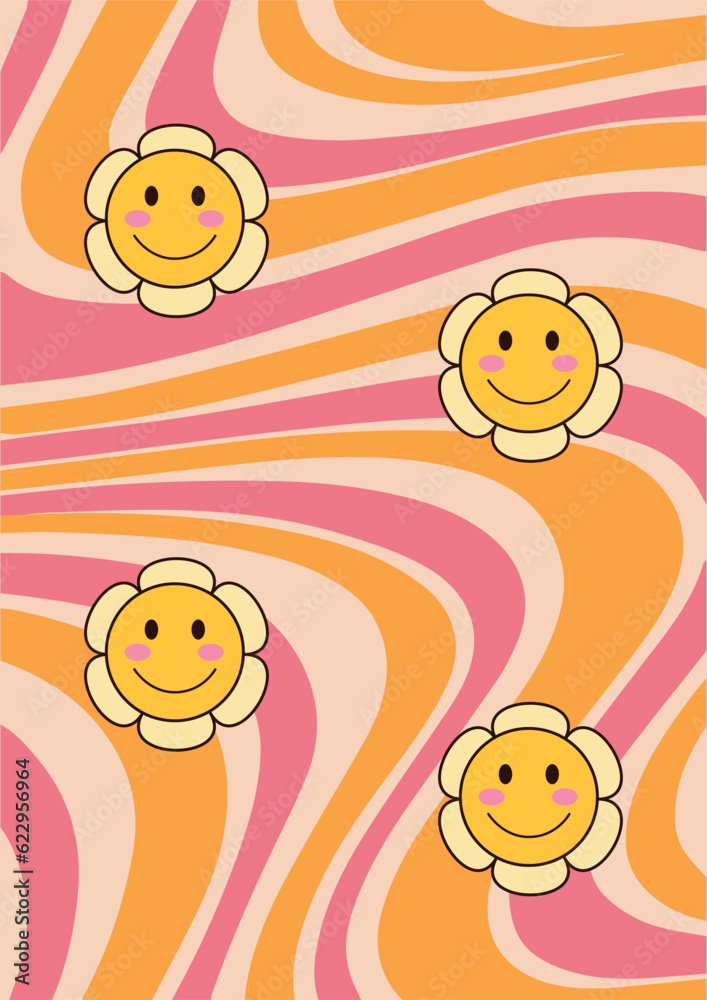 Hippie groovy vibes with flowers and waves. Poster 70s, 80s. Trendy flower posters in pastel bright colors. Vintage poster. Fashion and beauty. Abstract floral posters. Trendy hand drawn flowers. Hippie groovy vibes with flowers and waves. Poster 70s, 80s. Trendy flower posters in pastel bright colors. Vintage poster. Fashion and beauty. Abstract floral posters. Trendy hand drawn flowers.
