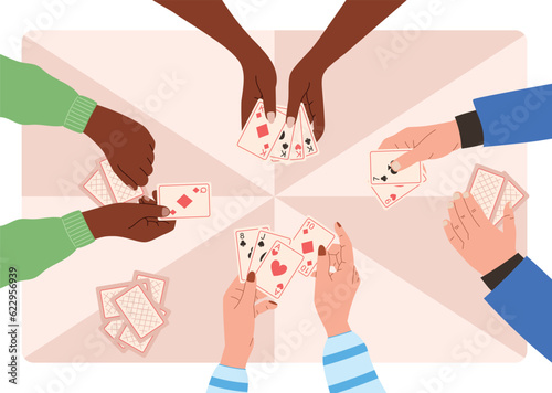 Hands of people playing cards, top view on the table. Vector flat illustration, gambling card game.